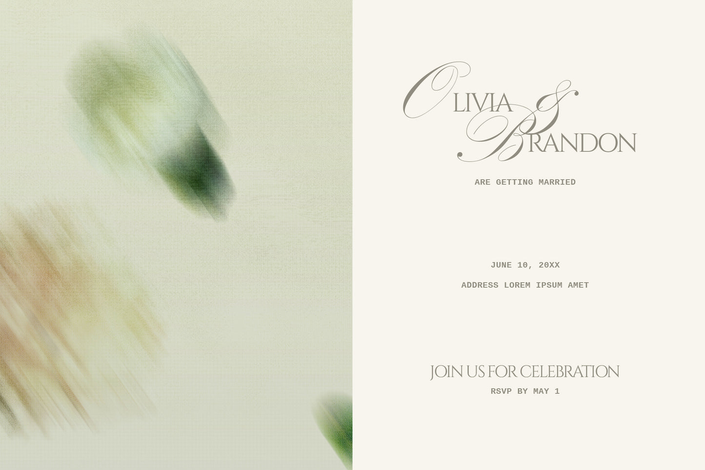 Wedding invitation print preview - blurred elegant floral pastel gradient background, 300 DPI high resolution