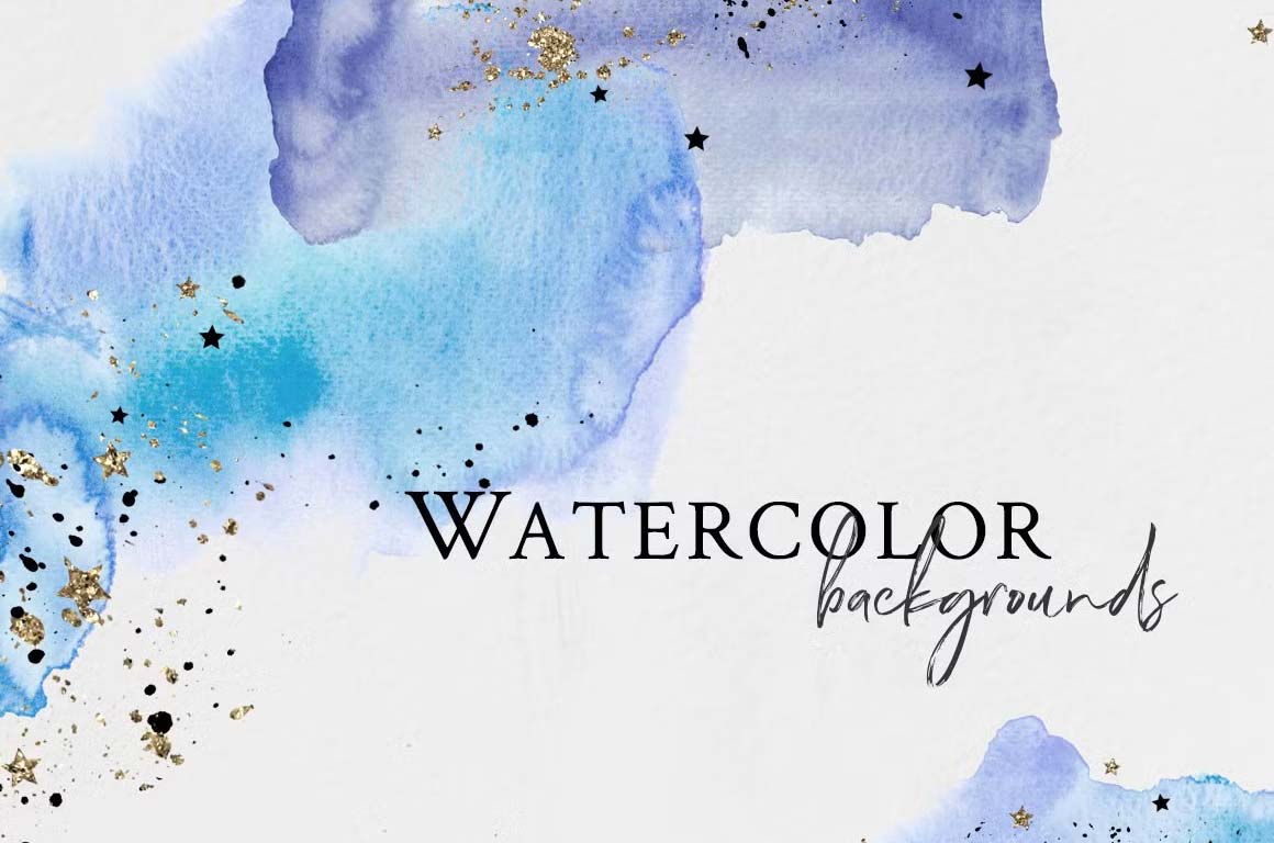 Hand-drawn watercolor backgrounds in blue shades with golden and black stars & splashes