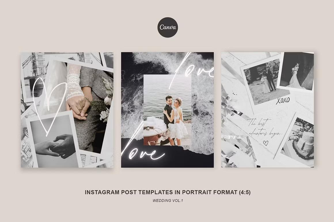 Wedding-themed Instagram post templates for Canva in portrait format (4:5 ratio)