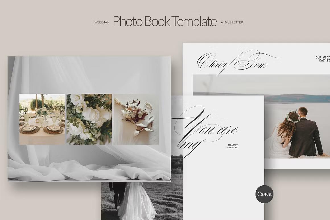 Minimal and classy wedding photo album layout in Canva
