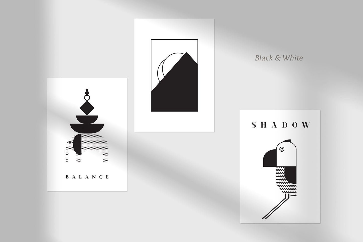 Digital black & white poster set featuring abstract geometric illustrations