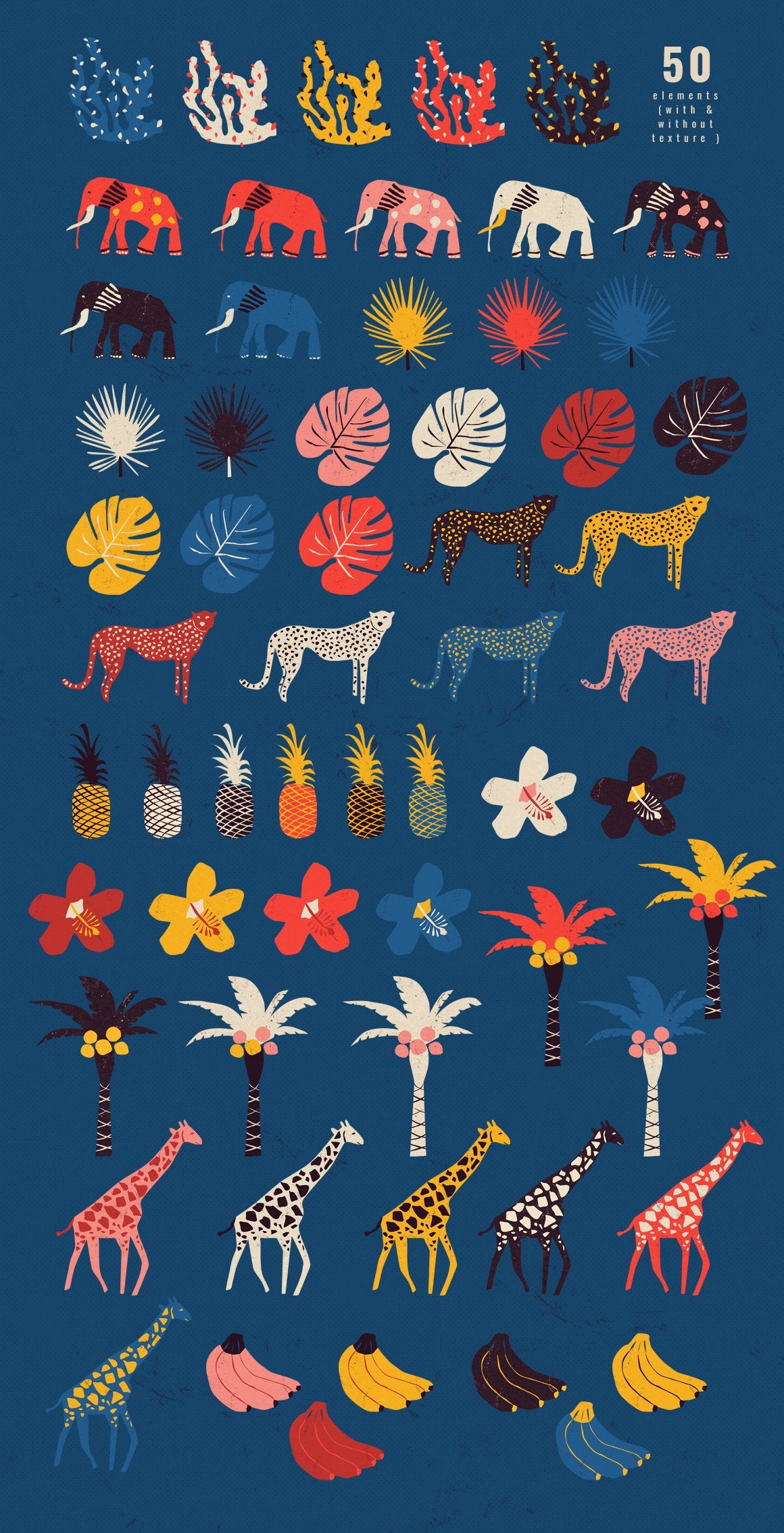 Hand-drawn tropical retro elements - animals, flowers, palm leaves, fruits with & without texture